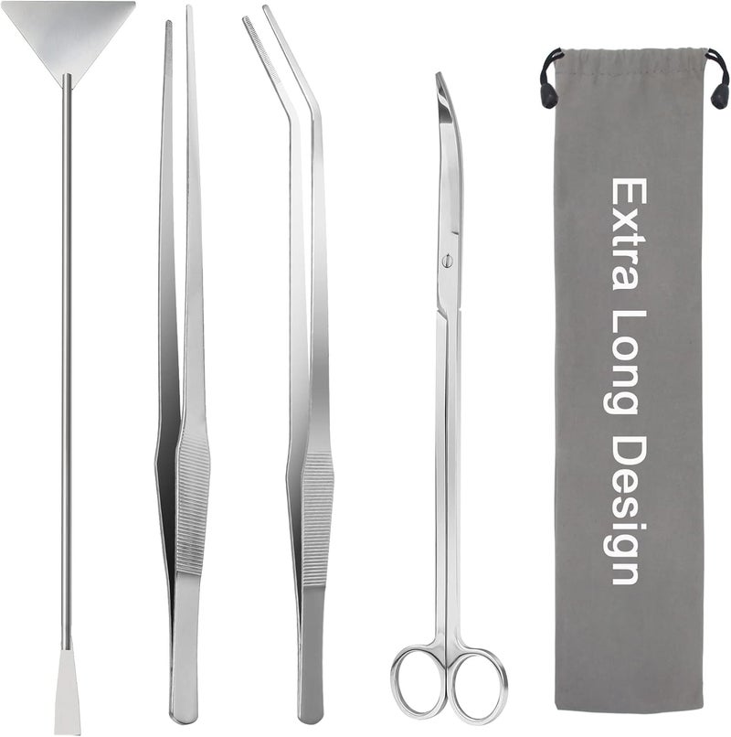 Liveek Aquarium Aquascape Tools Kit 15in, 4 in 1 Anti-Rust Aquatic Plant Aquascaping Tool Stainless Steel Tweezers Scissor Spatula for Aquarium Tank Clean Fish Tank Aquascape Accessories Set(Silver) - Image 1